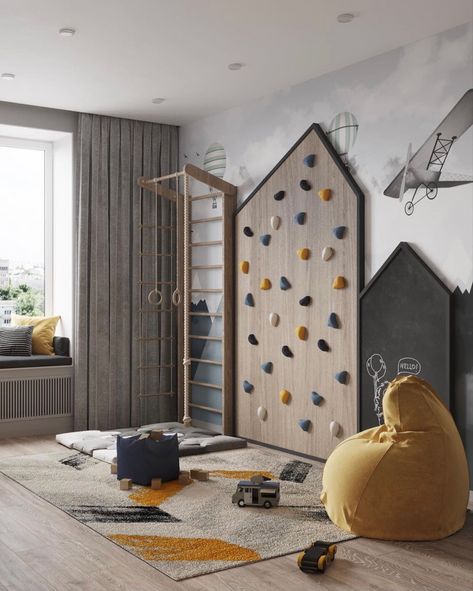 Playroom With No Windows, T Shaped Bedroom, Kid Loft Playroom, Housing Decor Ideas, Piano Accent Wall, Moody Playroom Ideas, Indoor Active Playroom, Monissory Playroom, Boho Montessori Bedroom