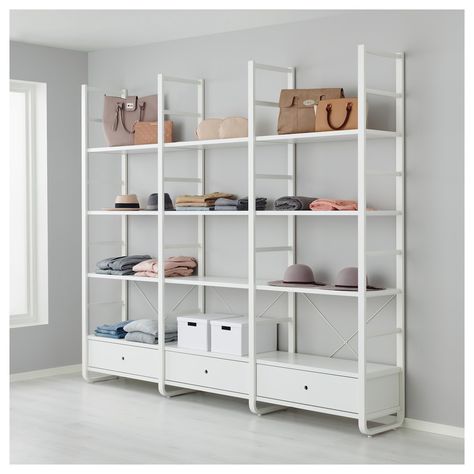 ELVARLI 3 sections, white, bamboo, Width: 96 1/2" Height: 85". Shop online or in-store! - IKEA Elvarli Ikea, Ikea Elvarli, Large Wardrobe Closet, Ceiling Materials, Side Units, Bamboo Shelf, Painted Drawers, Office Layout, Plastic Drawers