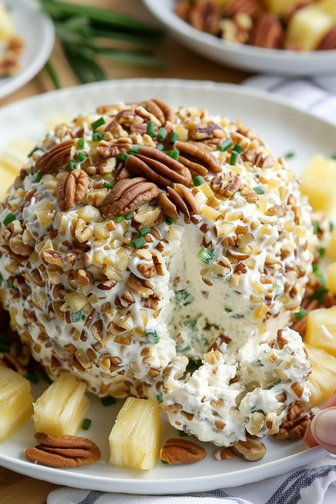 Pineapple Cheese Ball Southern Cheese Ball, Vegetable Cheese Ball, Cheese Ball Presentation, Cheeseballs For Thanksgiving, Hawaiian Cheese Ball, Grinch Cheese Ball, Pineapple Cheese Ball Recipe, Sweet And Savory Cheese Ball, Pineapple Ham Cheese Ball