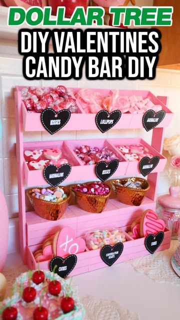 Bethany (Bargain Bethany) on Instagram: "Here’s how you can convert your Dollar Tree Hot Cocoa Bar into a Valentine’s Day Candy Bar. Remember, this can be switched up for every holiday and season! #dollartree #dollartreediys #dollartreefinds #dollartreehaul #dollartreecandybar #dollartreevalentinesdaydiys #dollartreediy" Dollar Tree Candy Bar Ideas, Valentines Candy Bar Ideas, Valentine Candy Bar Ideas, Diy Candy Stand, Dollar Tree Hot Cocoa Bar, Diy Candy Cart, Valentines Day Candy Bar, Candy Display Ideas, Valentines Candy Bar