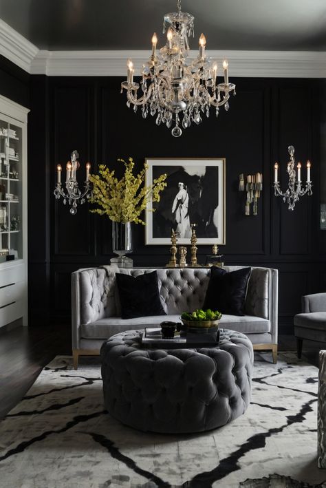 Dark Feminine Living Room, Black And White Interior Design, Feminine Living Room, Champagne Room, Deco Living Room, Glamour Decor, Riverside House, Black Rooms, Luxury Room Bedroom