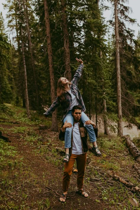 Camping Engagement Photos, Camping Photoshoot, Camping Couples, Casual Engagement Outfit, Summer Photoshoot Ideas, Camping Couple, Camping Photos, Forest Engagement Photos, Emily May