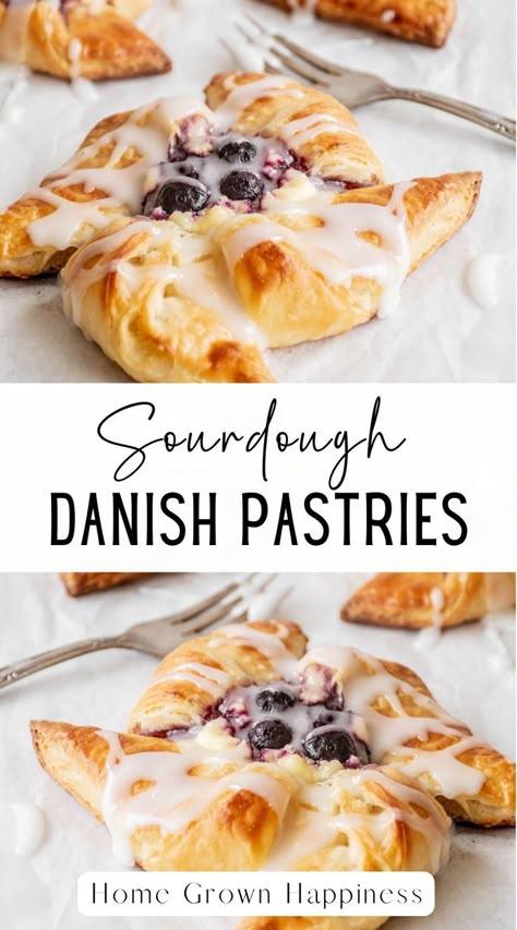 These sourdough danish pastries are buttery and flaky, topped with sweetened cream cheese and berries. Danish Dough Recipe, Sourdough Danish, Sourdough Croissants, Sourdough Pastry, Soft Sandwich Bread, Cream Cheese Danish Recipe, Fluffy Rolls, Starter Sourdough, Cheese Danish Recipe