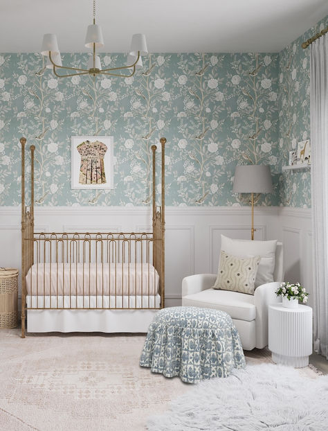 French charm and Parisian flair with sweet vintage details - this darling nursery is full of charm and feminine details. The gold canopy crib is the centerpiece of the room. Head to the blog to see the whole design Eloise At The Plaza Nursery, Magnolia Nursery Theme, Vintage French Nursery, Mismatched Nursery, Parisian Nursery Girl, Blue Floral Nursery, Preppy Nursery, Parisian Nursery, Blue Nursery Girl