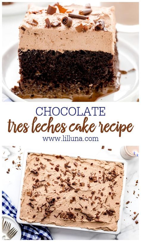 Chocolate Tres Leches Cake is a chocolate twist on a classic Mexican dessert. This chilled treat is rich and decadent! #treslechescake #cake #tresleches #chocolate #dessert Tres Leches Cake Recipe Chocolate, Tres Leches Chocolate Box Cake Recipe, Mexican Chocolate Tres Leches Cake, Tres Leches Bundt Cake Recipe, German Chocolate Tres Leches Cake, Chocolate Mocha Tres Leches Cake, Tres Leches Cake Variations, Espresso Tres Leches Cake, Chocolate Coffee Tres Leches Cake