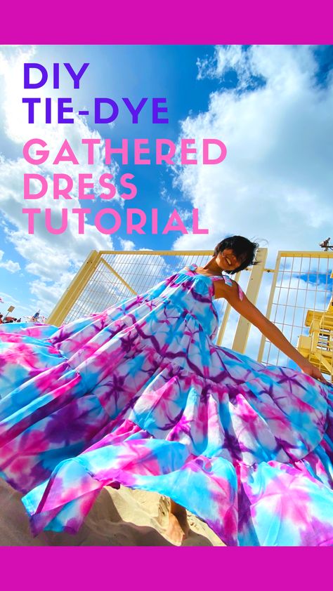 A tie-dyed gathered tiered dress Tie Dye Dress Patterns, How To Tie Dye A Dress, Tie Dye Skirt Diy, Tie Dye Patterns Dress, Dyed Dress Diy, Tie Dye Dress Diy, Summer Tie-dye Maxi Dress With Natural Dye, Shibori Clothing, Flowy Hand-dyed Tie Dye Dresses