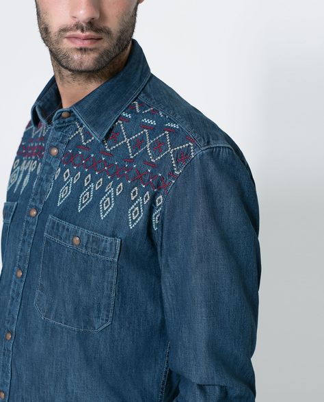 Embroidered Shirt - Zara Zara Embroidered Shirt, Embroidery Jeans Diy, Zara Man Shirts, Embroidery Men, Embroidered Denim Shirt, Denim Embroidery, Denim Shirt Men, Zara Shirt, African Men Fashion