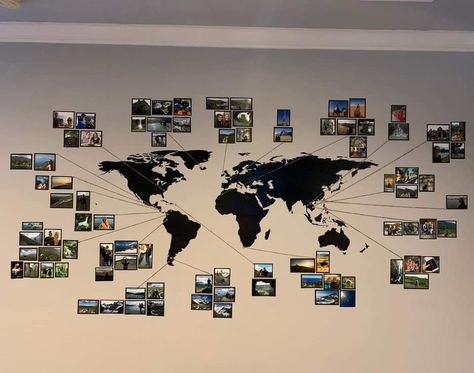 Travel Wall Display Ideas, Travel Photo Wall Ideas Living Room, Travel Picture Wall, Map Monde, Travel Photo Wall, World Map Photo, Travel Gallery Wall, World Map Wall Decor, Office Wall Design