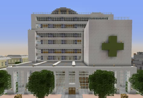 Minecraft Hospital Room, Hospital Blueprint, Minecraft Hospital Interior, Minecraft Hospital Ideas, Minecraft Hospital, Minecraft Skyscraper, Building Blueprints, Minecraft Modern City, Cool Things To Build