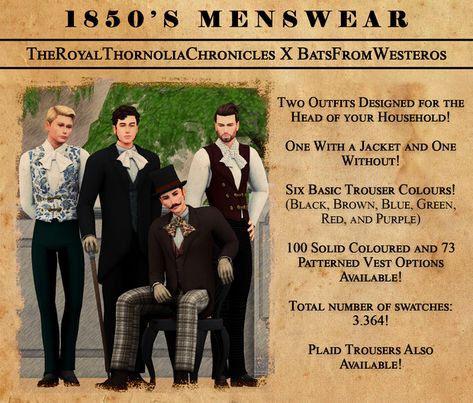 1850's Menswear: A Collaboration with BatsfromWesteros | The Royal Thornolia Chronicles on Patreon Victorian Cc Sims 4 Men, Sims 4 Cc Royalty Clothes Male, Sims 4 Decades Challenge Cc Patreon, The Sims 4 Cc Victorian Clothes Male, Royal Cc Sims 4 Men, Sims 4 Historical Cc Male, Sims 4 Male Victorian Cc, Historic Sims 4 Cc, Sims 4 Cc 1800s Clothes Men