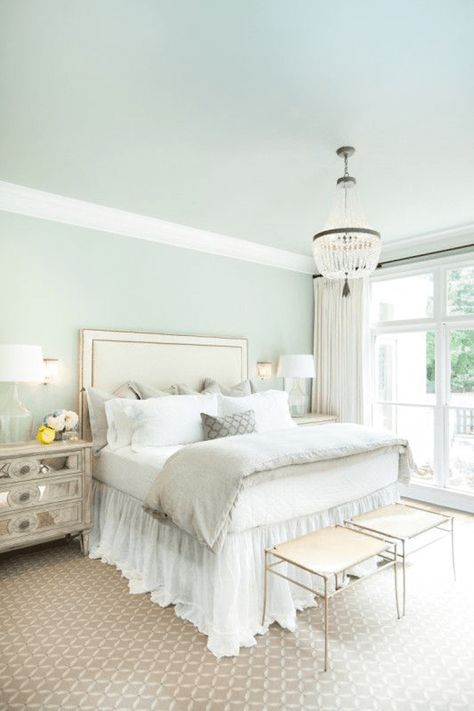 seafoam green bedroom, mint green, ivory accents, white trim, tan carpet, sherwin williams mountain air Bedroom Mint, Seafoam Green Bedroom, Mint Green Bedroom, Mint Bedroom, Blue Ceilings, Bedroom Drapes, Glam Bedroom, Dekorasi Kamar Tidur, Green Bedroom