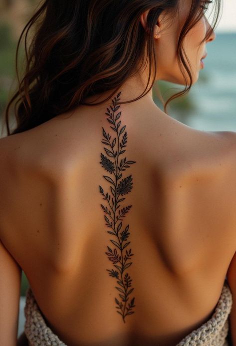 spine tattoo Women’s Full Spine Tattoo, Spine Tattoos For Women Western, Tattoo Ideas Back Of Neck, Spine Tatoos Woman, Arrow Spine Tattoo, Goth Spine Tattoo, Spine Back Tattoos For Women, Women Patchwork Tattoo, Back Spine Tattoo Women