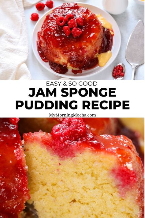 An easy microwave sponge jam pudding that's incredibly moist and delicious. This recipe takes just 5 minutes in the microwave and is so easy to make. via @MyMorningMocha Microwave Jam Sponge Pudding, Microwave Sponge Cake Recipes, Microwave Sponge Pudding, Microwave Steamed Pudding, Slow Cooker Pudding Recipes, Microwave Jam, Jam Pudding, Jam Sponge Pudding, Slow Cooker Puddings