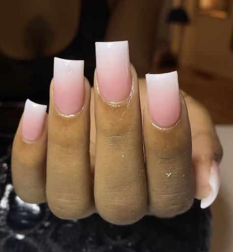 Basic But Cute Acrylic Nails, Short Square Pink And White Ombre Nails, Dip Powder Nails Medium Length Square, Short Fresh Tip Nails, Short Ombre French Nails, Medium Acrylic Nails French Tip, Ombre Nails Square Short, Ombre Nails Aesthetic, Pink And White Ombre Nails Square