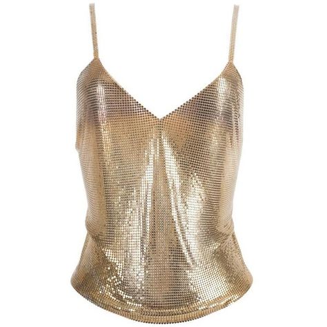 Paco Rabanne gold chainmail evening vest, circa 1968 ($1,790) ❤ liked on Polyvore featuring outerwear, vests, tops, paco rabanne, gold vest, holiday vests, chain mail vest, brown waistcoat and brown vest Gold Top Aesthetic, Gold Tank Top, Chainmail Vest, Gold Top Outfit, Gold Waistcoat, Vest Chain, Vest Outfit Ideas, Gold Clothes, Gold Chainmail