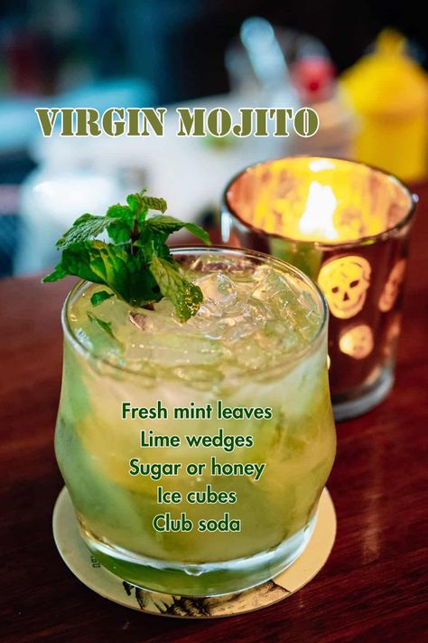 A glass of virgin mojito with fresh mint leaves and lime slices, garnished with a straw. Virgin Mojito Recipe, Alcohol Free Mojito, Non Alcohol Mojito, Easy Virgin Mojito Recipe, Virgin Mango Mojito, Virgin Mint Mojito, Non Alcoholic Mojito, Virgin Pina Colada, Virgin Mojito