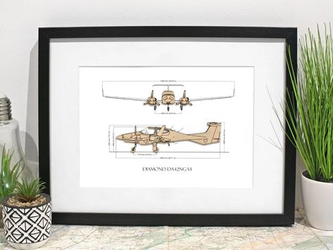 Diamond DA42NG-VI art! This 3D blueprint design for the sleek Diamond DA42NG-VI shows the aircraft from the front and side and includes the dimensions printed onto the background. The artwork can be optionally customized with the aircraft's registration to make it even more special! We have over 300 aircraft and aviation designs available. Handmade, made to order and shipped worldwide! #diamondda42 #diamondda42ng #da42ng #aviation #flying #pilotgift #aviationdecor #aviationlover #aviation... 3d Blueprint, Blueprint Design, Aviation Decor, Pilot Gifts, Make It, Aircraft, Sleek, Quick Saves, Design