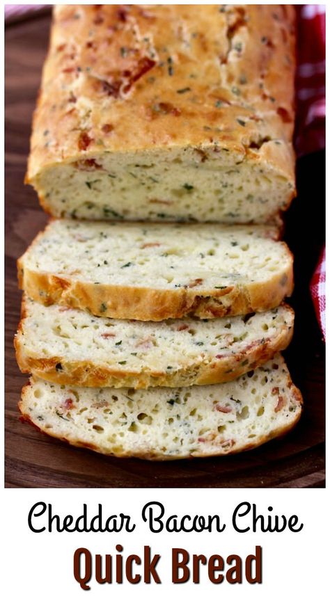 Sliced Cheddar Bacon Chive Quick Bread Loaf Quick Bread Loaf Recipes, Savory Bread Loaf Recipes, Savory Breads Loaf, Veggie Bread Recipes, Savory Loaf Bread Recipes, Herb And Cheese Quick Bread, Bacon Cheddar Sourdough Bread, Quick Bread Recipes Easy Loaf Pan, Savory Quick Bread Recipes