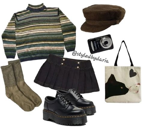 Autumn Outfits Green, Green Skirt Outfit Fall, Polyvore Outfits Aesthetic, Png Outfits, Fall Green, Downtown Outfits, Outfit Png, Fall Png, Style Fall