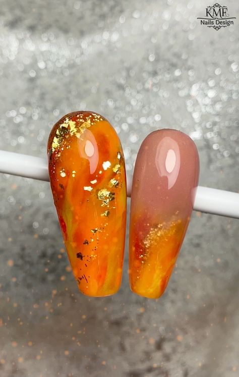 Orange Marble Nails, Flame Nail Art, Dnd Oc, Orange Marble, Neon Acrylic Nails, 3d Nail Art Designs, Water Marble Nails, Colored Acrylic, Colored Acrylic Nails