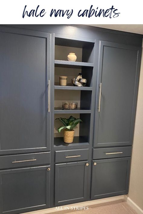 hale navy cabinets Hale Navy Cabinets, Navy Blue Cabinet, Navy Kitchen Cabinets, Navy Cabinets, Blue Cabinet, Painted Hutch, Navy Kitchen, Navy Paint, Hale Navy