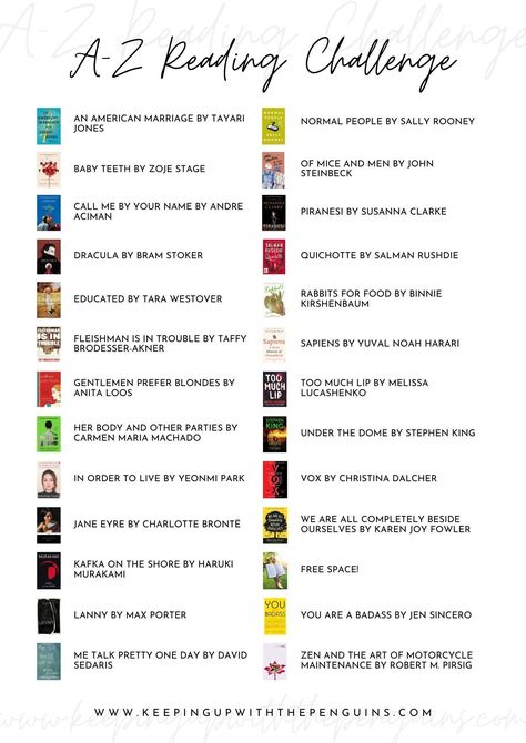 This reading challenge includes a Free Space, which you can fill with whatever the heck you want. I want to pretend that’s because it’s a reminder to leave a little room for whimsy and spontaneity in this coming year, but really… X is just a very tricky letter, even for expert alphabetisers like myself. A To Z Book Challenge, Book Challenge Template, Challenge Template, Reading List Challenge, Books To Read Before You Die, How To Read More, Book Reading Journal, Tbr List, Book Challenge