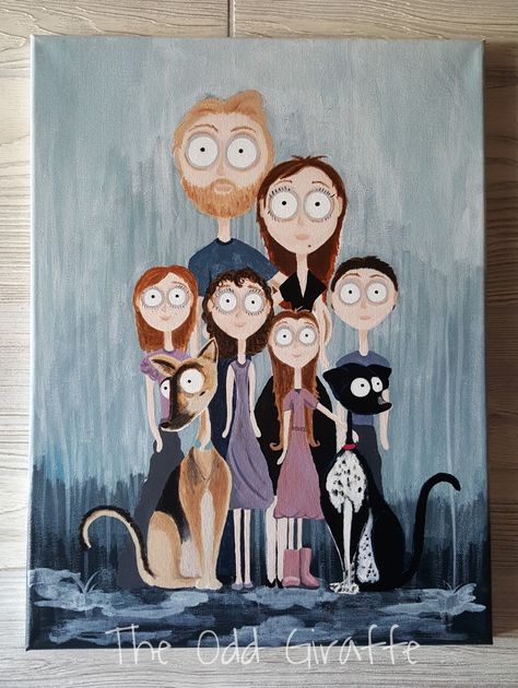 Tim Burton Family Portrait, Easy Family Portrait Painting, Tim Burton Self Portrait Lesson, Family Portrait Painting Ideas, Tim Burton Portraits, Tim Burton Inspired Drawings, Tim Burton Self Portrait, Family Portraits Painting, Tim Burton Inspired Art