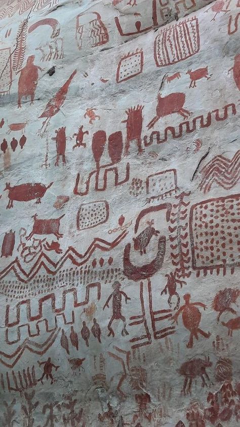 Archaeology and Ancient Worlds | One of the world’s largest collections of prehistoric rock art was discovered in the Amazonian rainforest | Facebook Prehistoric Art Drawing, Ancient Cave Paintings, Prehistoric Art Cave Painting, Ancient Cave Art, Prehistory Aesthetic, Stone Age Aesthetic, Prehistoric Aesthetic, Cave Paintings Prehistoric, Cave Texture