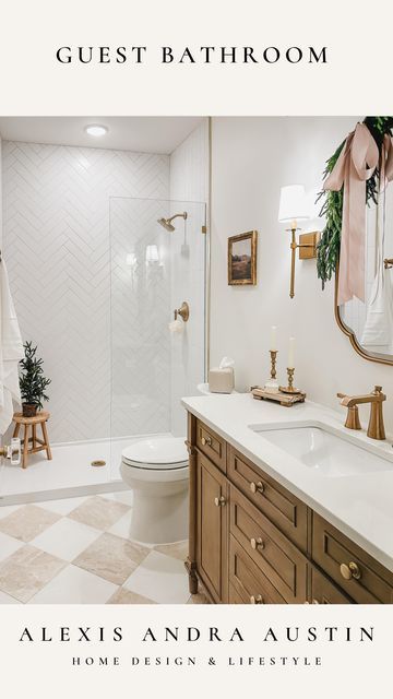 Alexis Austin - European Farmhouse Style on Instagram: "Sharing how I styled my basement guest bathroom for the holidays 🤍  Comment “link” to shop this space - All details including the flooring!" European Farmhouse Bathroom Tile, Classic Guest Bathroom Ideas, Guest Bathroom With Shower Only, Master Bath Wood Floor, Traditional Primary Bathroom Design, European Eclectic Bathroom, Modern Timeless Bathroom, Traditional Guest Bathroom Ideas, European Style Bathroom Design