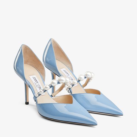 AURELIE 85 | Smoky Blue Patent Leather Pointed Pumps with Pearl Embellishment | Summer Collection | JIMMY CHOO CA Jimmy Choo Aurelie, Cinderella Outfit, Smoky Blue, Jimmy Choo Pumps, Zara Heels, Pointed Pumps, Jimmy Choo Heels, Blue Pumps, Shoes Luxury