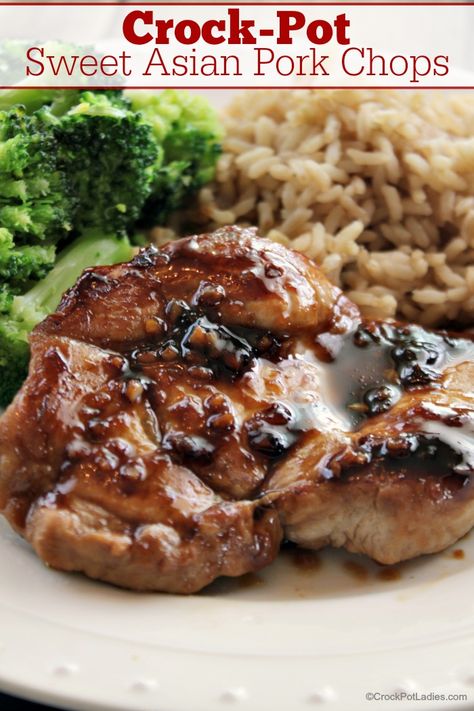 Crock-Pot Sweet Asian Pork Chops - This recipe is a fast and easy slow cooker recipe that makes delicious and juicy pork chops with a great sweet Asian flavor. This simple recipe can also be made into a slow cooker freezer meal to make life just a little easier on busy days. [Gluten Free, Low Calorie, Low Carb, Low Fat, Low Sodium, Low Sugar & just 9 Weight Watchers SmartPoints per serving!] #CrockPotLadies #CrockPot #SlowCooker #PorkRecipes #PorkChops #WeightWatchers #HealthyRecipes Crockpot Asian Pork Chops, Asian Pork Recipes Crock Pot, Asian Boneless Pork Chops, Chinese Pork Chops In The Crock Pot, Asian Pork Chops In The Crock Pot, Low Sodium Pork Recipes, Chinese Pork Chops Recipes Asian Style, Slow Cooker Sweet Ginger Pork Chops, Chinese Salt And Pepper Pork Chops