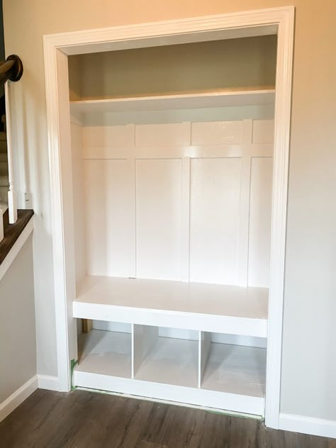 Entryway Coat Closet Makeover, Mudroom Closet Makeover Diy, Front Hall Closet Makeover Entryway, Closet To Cubbies, Front Entryway Bench And Hooks, Transform Entryway Closet, Hall Closet Into Built In, Hall Closet Transformation, Closet Bench With Storage