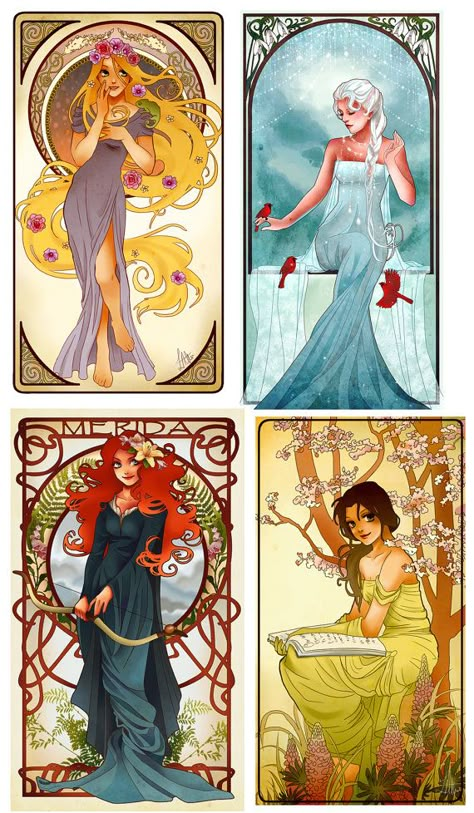 Art nouveau Disney Princesses by Hannah Alexander of Never Bird Designs http://www.etsy.com/shop/NeverBirdDesigns Art Nouveau Disney, Hannah Alexander, November Art, Illustration Art Nouveau, Animation Disney, Mucha Art, Art Nouveau Illustration, Images Disney, Bird Designs