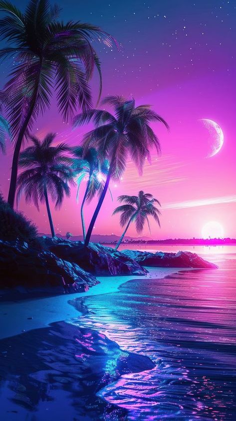 Neon beach shoreline astronomy. | free image by rawpixel.com Coconut Tree Wallpaper, Neon Pictures, Colorful Landscaping, Beach Shoreline, Neon Beach, Beach Landscapes, Purple Beach, Summer Aesthetics, Purple Sea