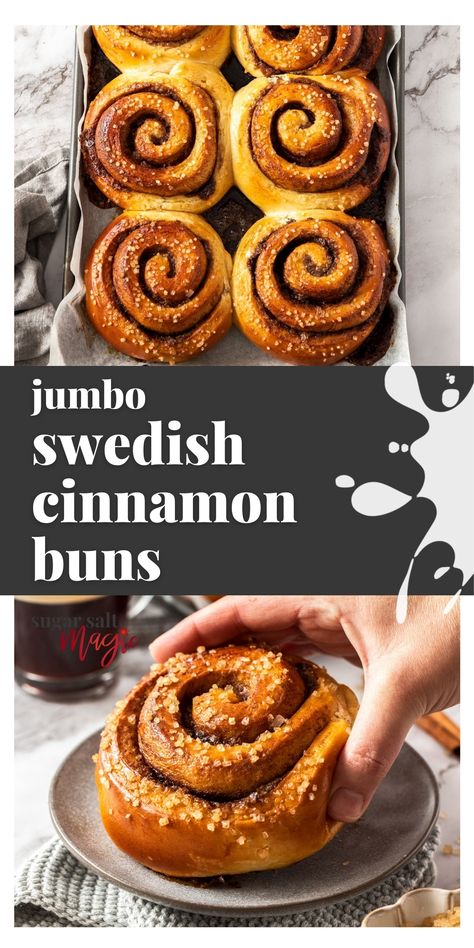 2 images of jumbo cinnamon rolls with sugar on top. Swedish Cinnamon Rolls Recipe, Swedish Cinnamon Rolls, Swedish Cinnamon Buns, Breakfast Buns, Pecan Cinnamon Rolls, Cinnamon Rolls From Scratch, Sweet Bread Rolls, Sweet Roll Recipe, Apple Cinnamon Rolls