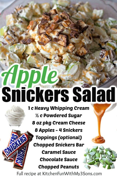 Apple Snickers Salad Recipe, Recipes With Snickers, Green Apple Snickers Dessert, Cheesecake Apple Salad, Apple Salad With Snickers, Snickers Apple Salad With Cream Cheese, Carmel Apple Cheesecake Salad, Snicker Apple Salad With Cream Cheese, Apple Snicker Salad Recipe