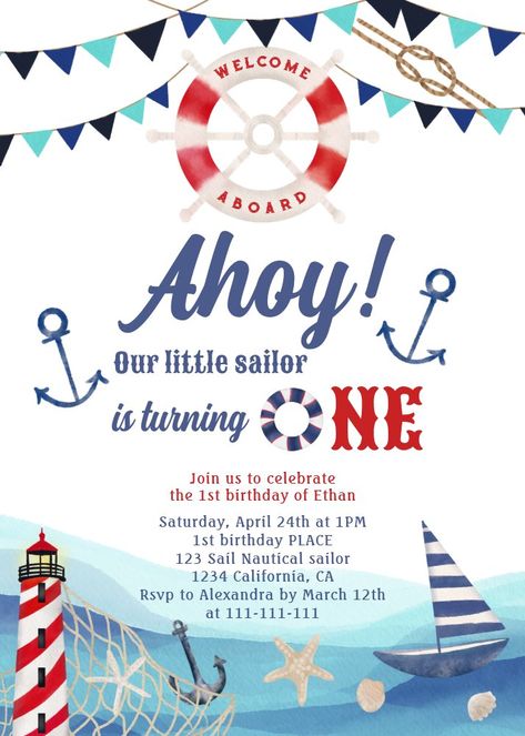 Ahoy sailor nautical boat blue red 1st birthday invitation Nautical Birthday Invitations, Watercolor Anchor, Red Baby Shower, Watercolor Waves, Ocean Watercolor, Ahoy Its A Boy, Watercolor Wave, Nautical Birthday, Red Theme