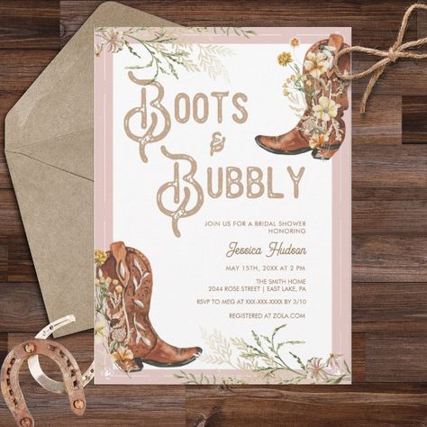 Watercolor Floral Boots & Bubbly Bridal Shower Invitation Boots And Bubbly Bridal Shower, Boots And Bubbly, Floral Cowboy Boots, Cowgirl Bridal Shower, Western Bridal Showers, Bridal Shower Brunch Invitations, Country Western Wedding, Last Rodeo, Country Bridal Shower