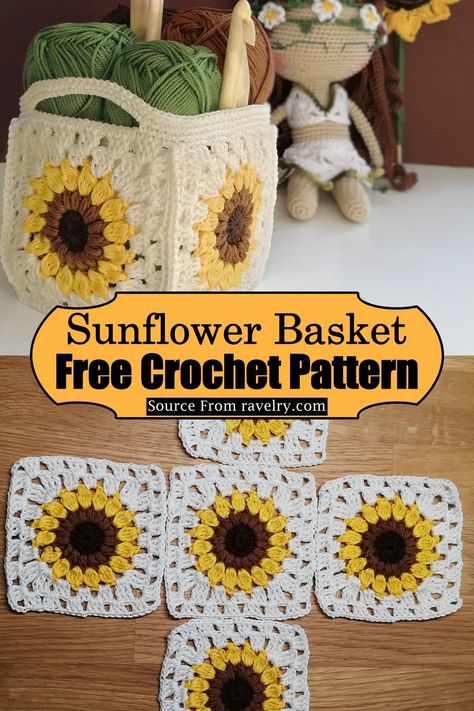 Flower Crochet Bag Free Pattern, Crochet Sunflower Basket, Sunflower Crochet Pattern Granny Squares, Crochet Sunflower Ideas, Sunflower Afghan Pattern Crochet Free, Sunflower Pattern Crochet, Sunflower Crochet Square, Crochet Sunflowers Free Pattern, Free Sunflower Crochet Pattern