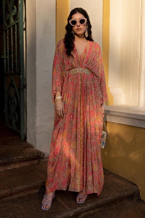 Buy Paulmi and Harsh Yellow Crepe Refreshing Floral Pattern Kaftan Online | Aza Fashions Paulmi And Harsh, Cherry Blossom Pattern, Trendy Outfits Indian, 1950’s Fashion, Kaftan Designs, Style Guru, Indian Fashion Designers, Pink Sequin, Kaftan Dress