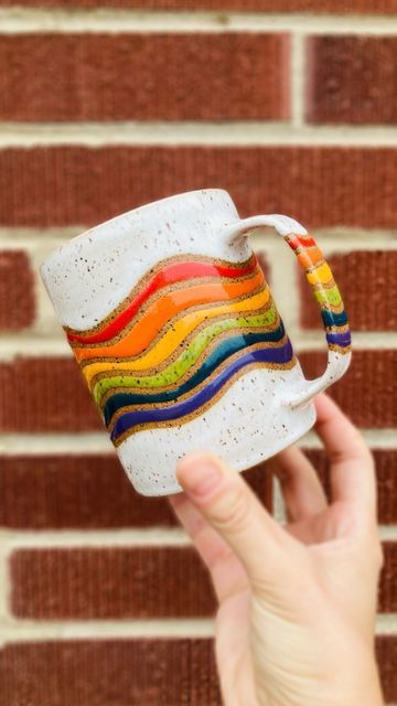 Bright Pottery, Glazing Ceramics, Rainbow Pottery Painting Ideas, Sgraffito Mug Designs, Pride Pottery, Rainbow Glaze Pottery, Pride Ceramics, Rainbow Pottery, Rainbow Ceramics