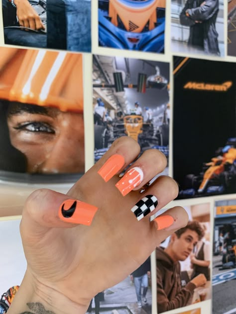 Mclaren nail art , F1 , racing Mclaren Inspired Nails, Formula 1 Nails Designs, Lando Norris Nail Design, F1 Nails Designs, F1 Inspired Nails, Formula One Nails, Mclaren Nails, Formula 1 Nail Art, F1 Nail Art