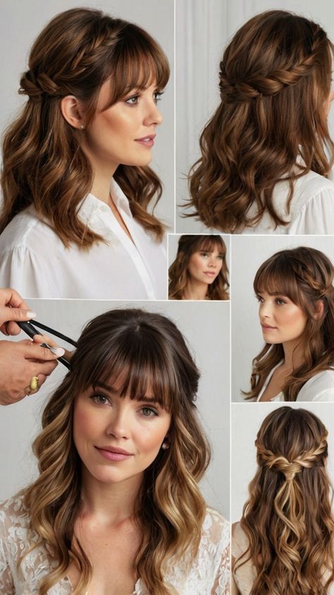 Vintage Wedding Hair With Bangs, Bride Hairstyle With Bangs, Medium Length Half Updo, Half Updo With Bangs, Formal Hairstyles With Bangs, Wedding Hair With Bangs, Nikkah Hair, Bridesmaid Hair Fringe, Pin Up Bangs