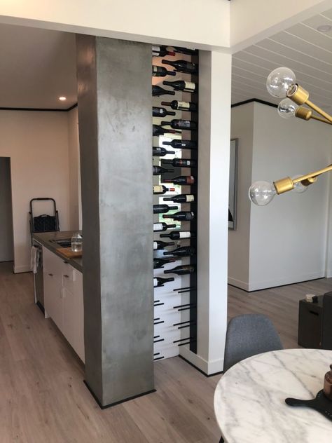 Wine Rack In Wall, Inset Wine Rack, Custom Wine Rack Wall, Wine Rack Room Divider, Room Divider Wine Rack, Metal Wine Rack Ideas, Wine Rack Wall Modern, Wall Wine Rack Ideas, Kitchen With Columns