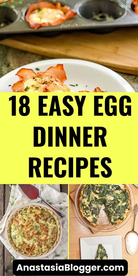 This Pinterest Pin showcases 3 delicious easy egg dinner recipes including scrumptious Prosciutto Quiche and simple Ham and Egg Cups. A must-see for anyone looking to enjoy quick, flavorful casseroles and quiches featuring eggs. Quick And Easy Egg Recipes, Fancy Egg Dishes, Egg Dinners Recipes Night, Easy Egg Dinner Recipes, Eggs Recipes For Dinner, Egg Meals Dinners, Dinner With Eggs, Egg Dishes For Dinner, Prosciutto Quiche