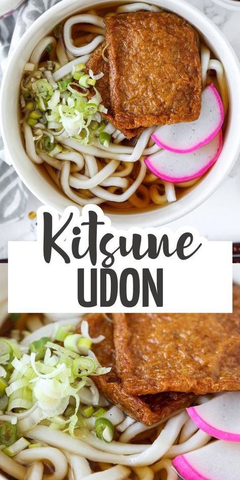 Kitsune udon is a traditional udon noodle soup that hits the spot whenever I’m in the mood for comfort food that’s not too heavy. The noodles are served in a delicate, salty, and umami broth and is topped with sweet inari age pouches. It’s delicious, comforting, and only takes 15 minutes to make from start to finish! Kitsune Udon, Udon Recipe, Udon Soup, Udon Noodle Soup, Deep Fried Tofu, Gluten Free Sandwiches, Udon Noodle, Tofu Recipes Vegan, Vegetarian Gluten Free