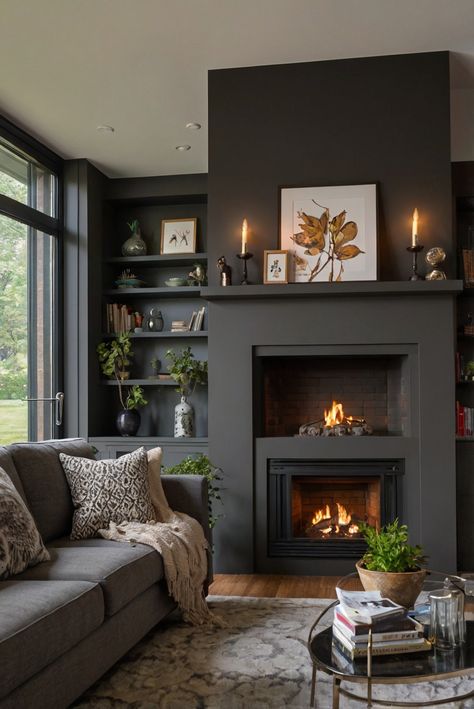 home decorating, home interior, interior design, space planning, decorating interiors, interior bedroom design, living room interior Either Side Of Fireplace Ideas, Fireplace Paint, Shared Home Office, Light Oak Floors, Moody Living Room, Display Artwork, Living Room Fireplace, Dark Living Rooms, Room Fireplace