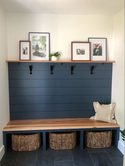 Blue Mudroom Walls, Newburyport Benjamin Moore, Mudroom Basement Entrance, Navy Blue And White Laundry Room, Dusty Blue Mudroom, Mud Room Shiplap Wall, Dark Blue Shiplap Wall, Blue And White Mudroom, Shiplap In Mudroom