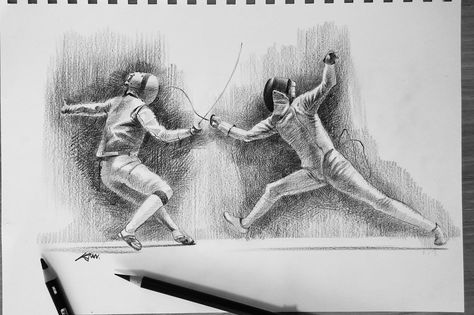 Fencing Sport Drawing, Fencing Drawing, Fencing Poses, Epee Fencing, Sport Drawing, Fencing Foil, Olympic Fencing, Fencing Sport, Pentathlon