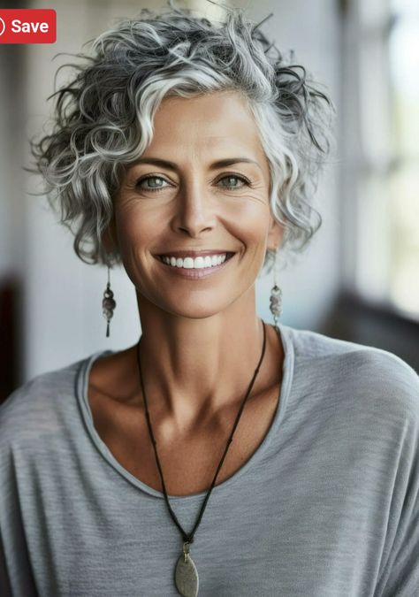 Short Curly Haircuts Grey Hair, Frosted Curly Hair, Grey Curly Short Hair, Curly Short Grey Hair Over 50, Gray Short Curly Hair Over 50, Curly Bob Grey Hair, Salt And Pepper Hairstyles For Women, Short Grey Wavy Hair, Older Women Wavy Hairstyles